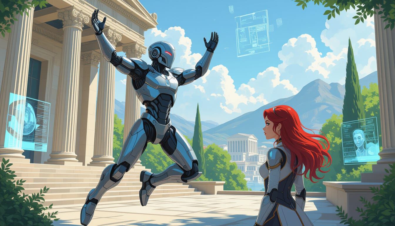 Cyborg Joyful Union on Futuristic Campus