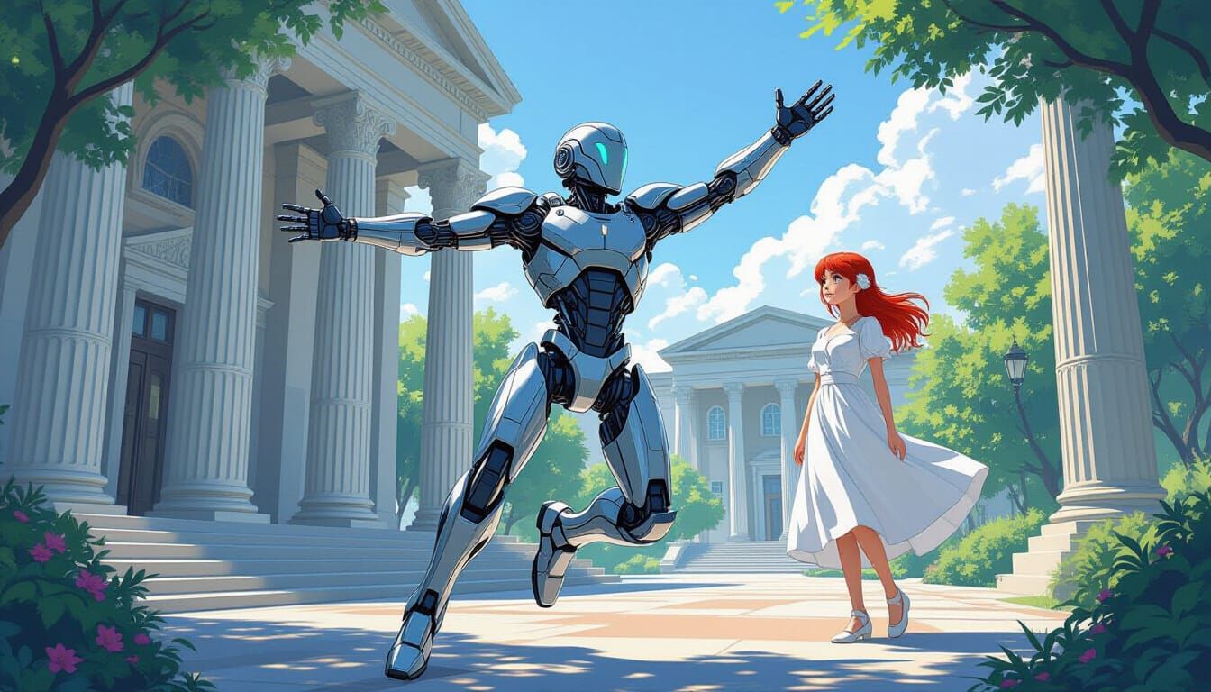 Joyful Cyborg Couple Marry on Futuristic Campus
