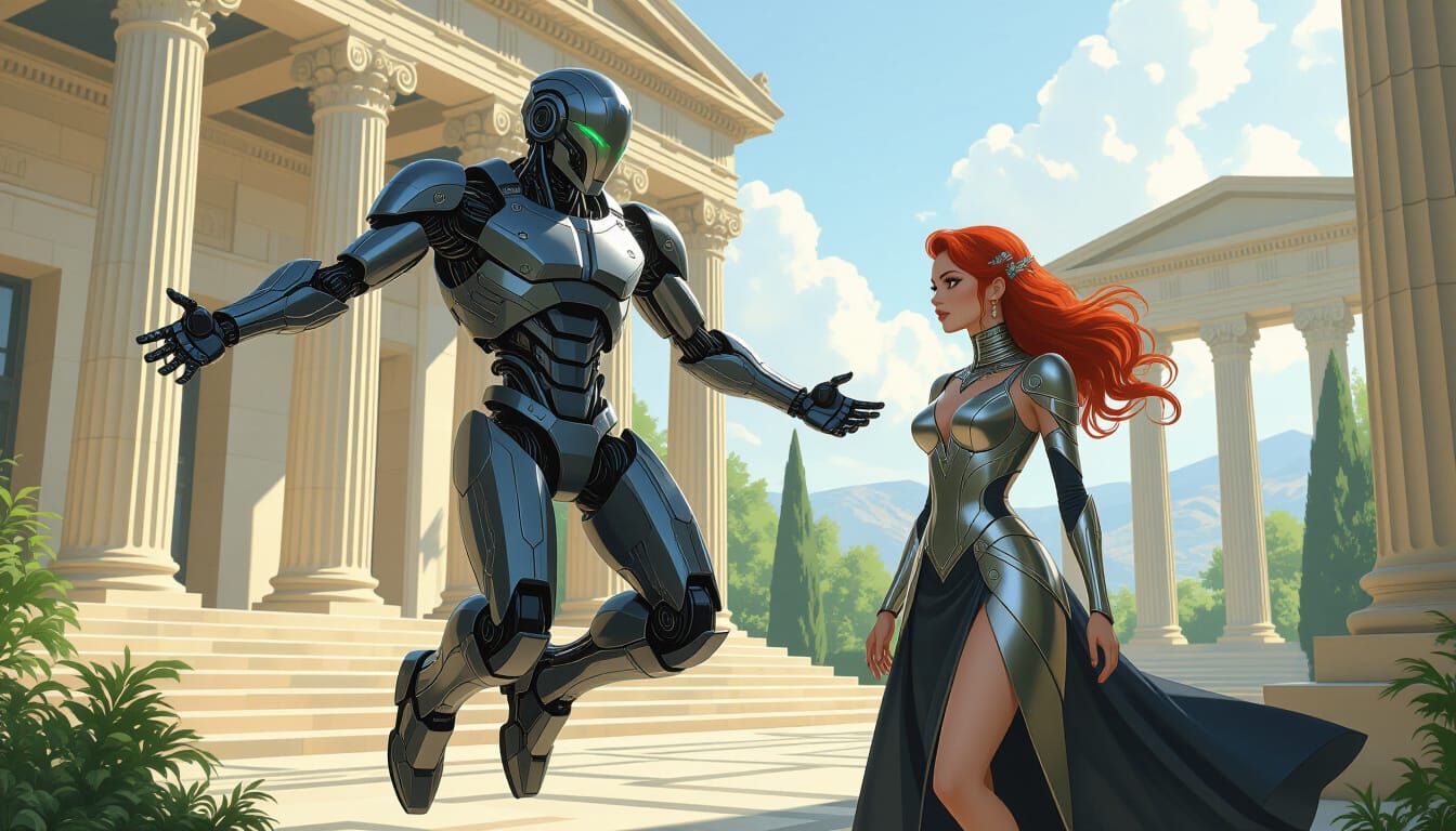 Joyful Cyborg Wedding Approval Amidst Futuristic Campus