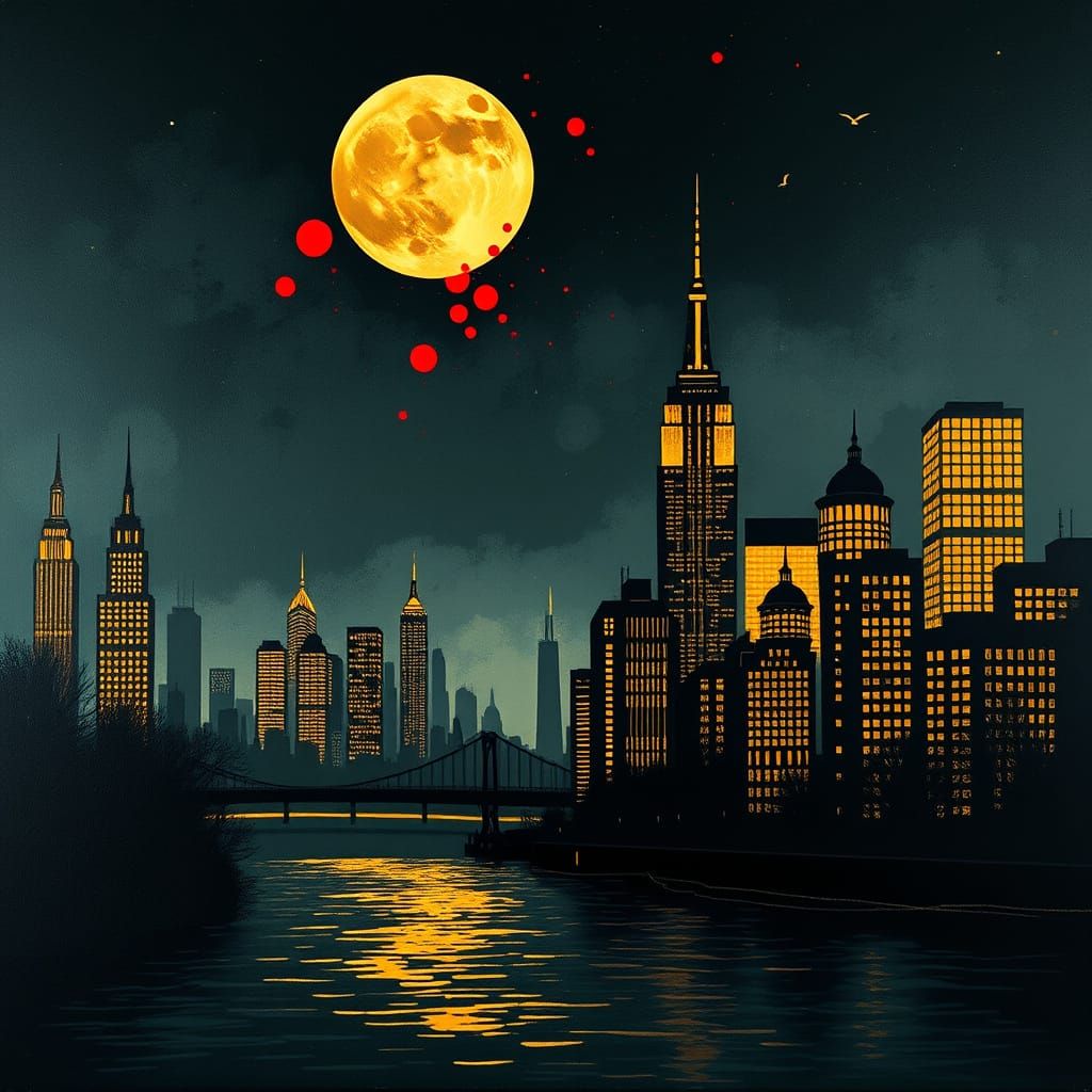 Golden Age Cityscape Under Full Moon
