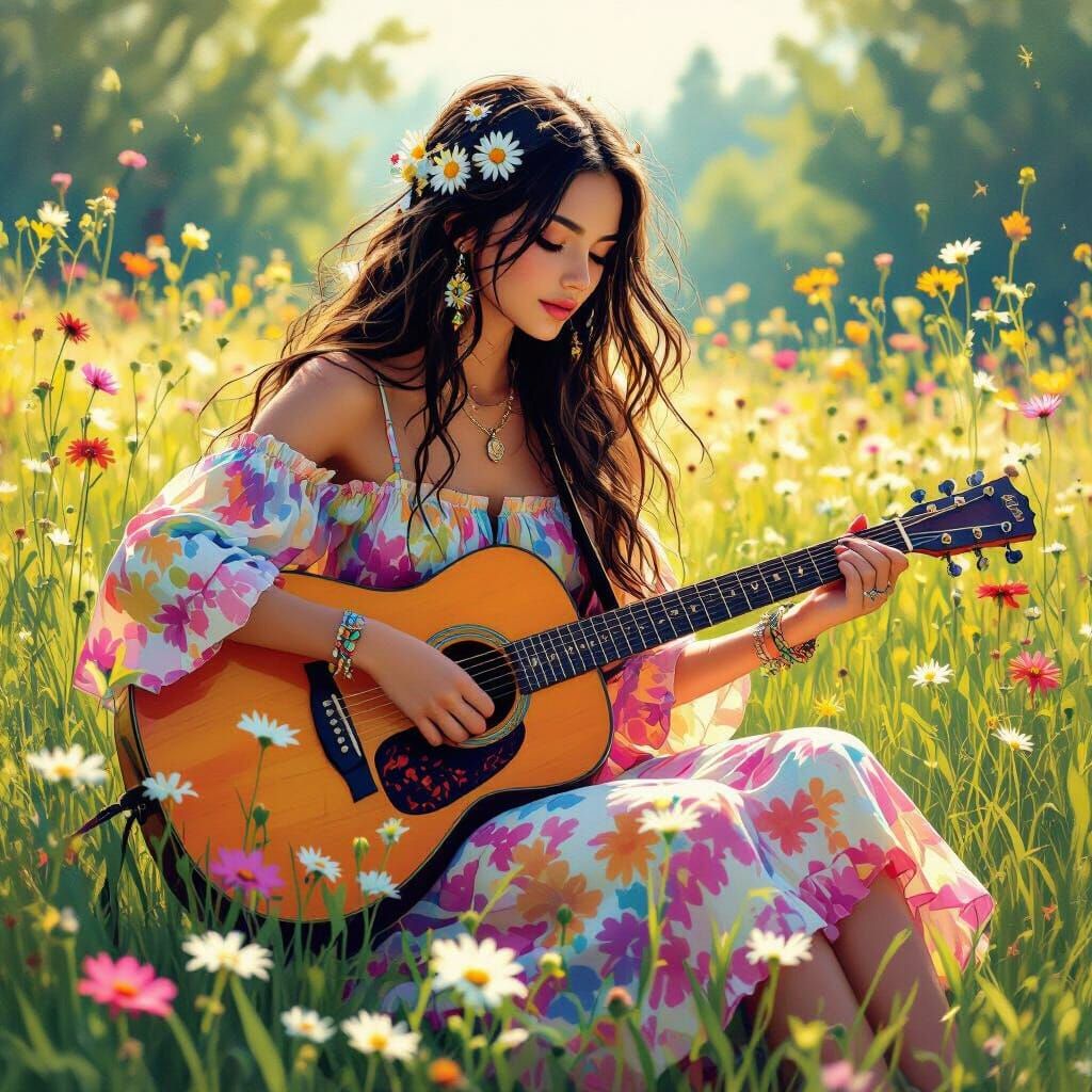 Woman Playing Guitar in Sunlit Meadow