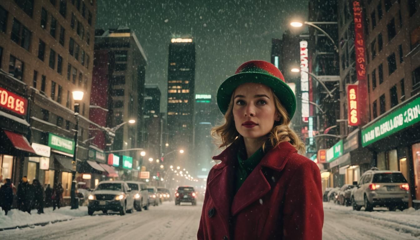 Cinematic Film Noir Scene with Festive Cityscape