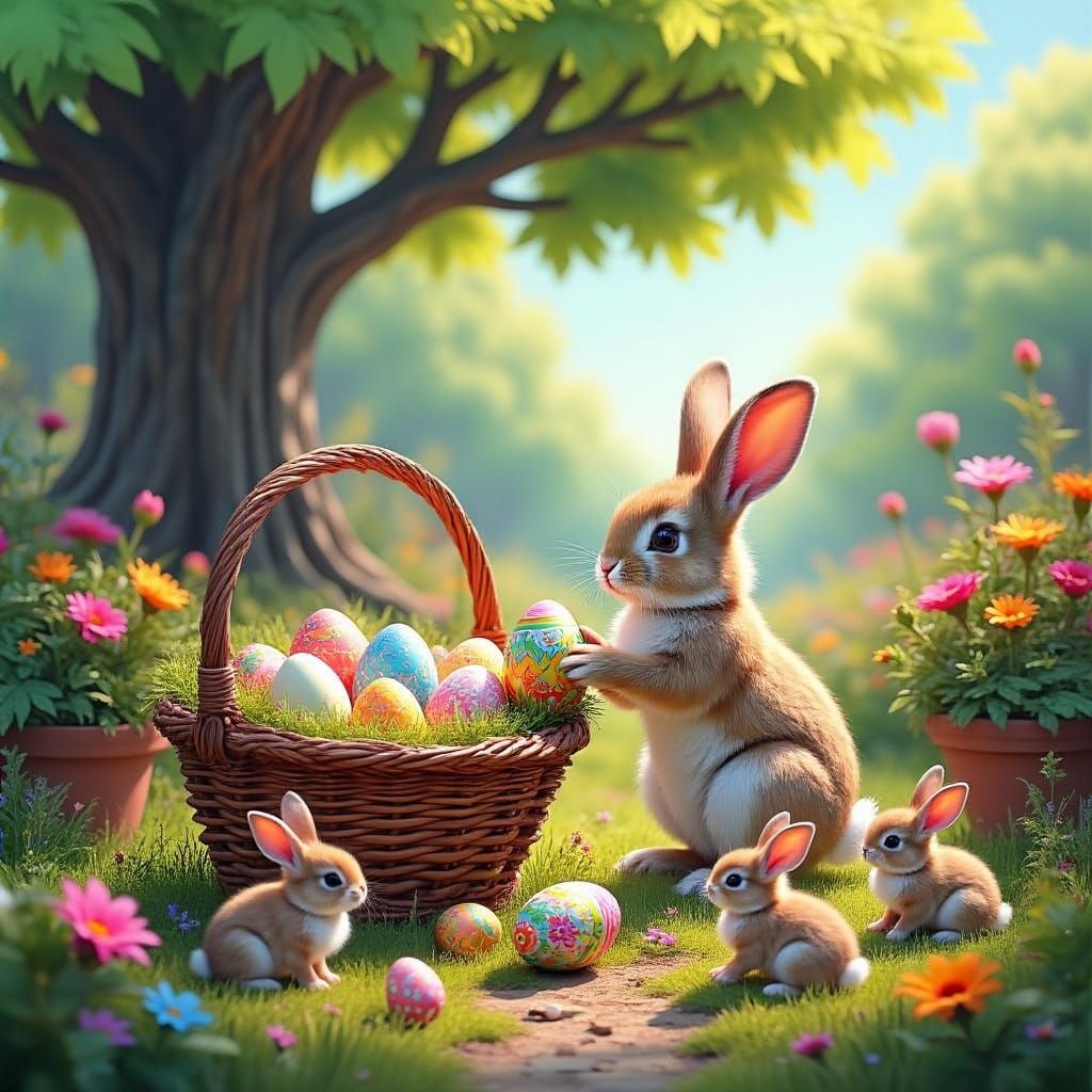 Vibrant Easter Garden Scene in Whimsical Street Art Style