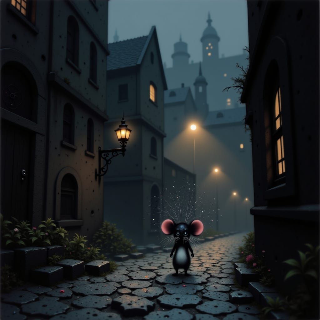 Tiny Mouse Explores Cobblestone Alleyway in Fairytale Style