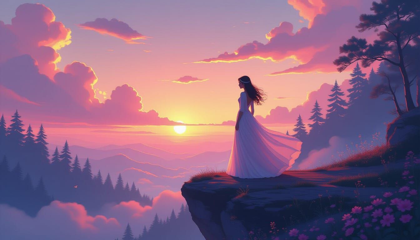 Ethereal Girl on Sunset Cliff in Painterly Style