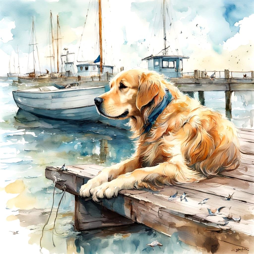 Peaceful Golden Retriever Napping on Dock in Watercolor Styl...