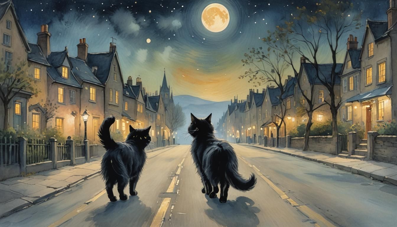 Whimsical Black Cat in Cityscape Pastel Drawing