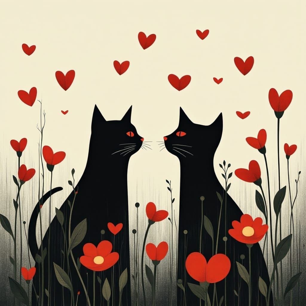 Two Black Cats Among Flowers With Floating Hearts