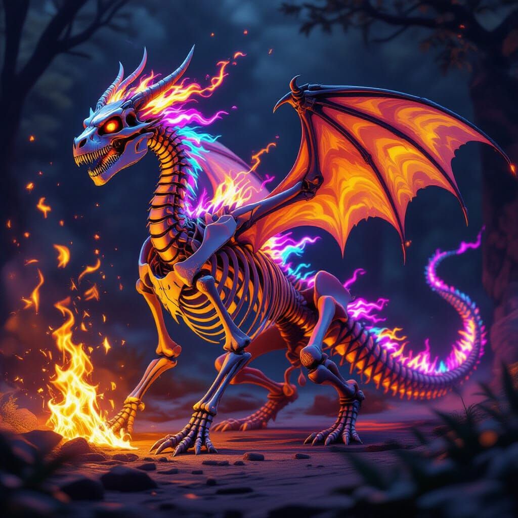 Majestic Dragon Skeleton Ignited by Rainbow Fire