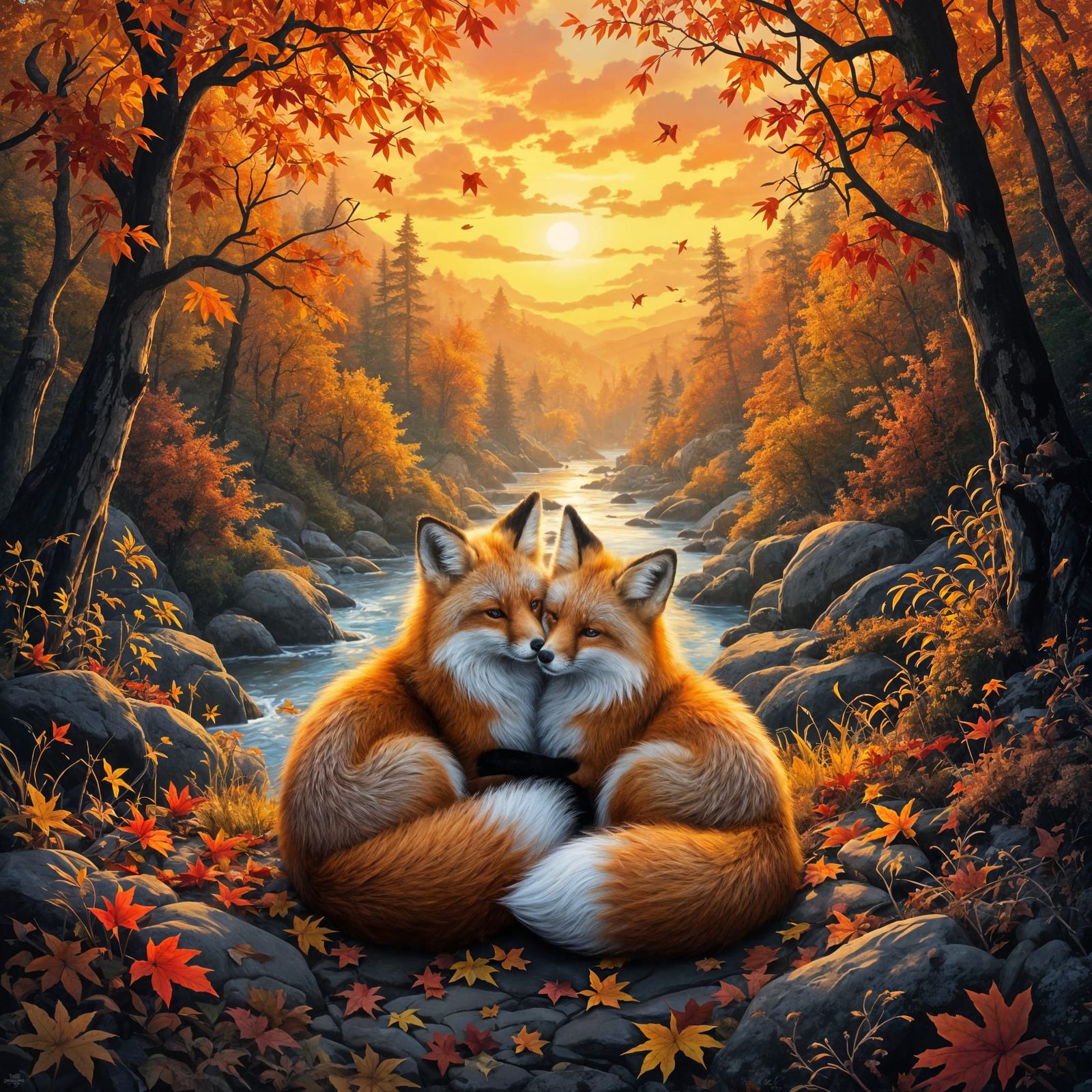 Foxes Cuddle in Autumn Forest, Dark Fantasy Art
