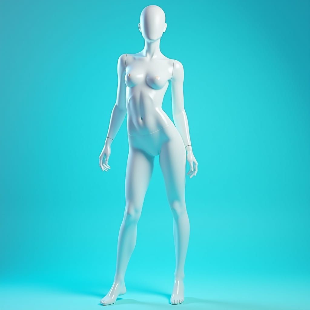 Porcelain Mannequin in Cyan with Wireframe Overlay