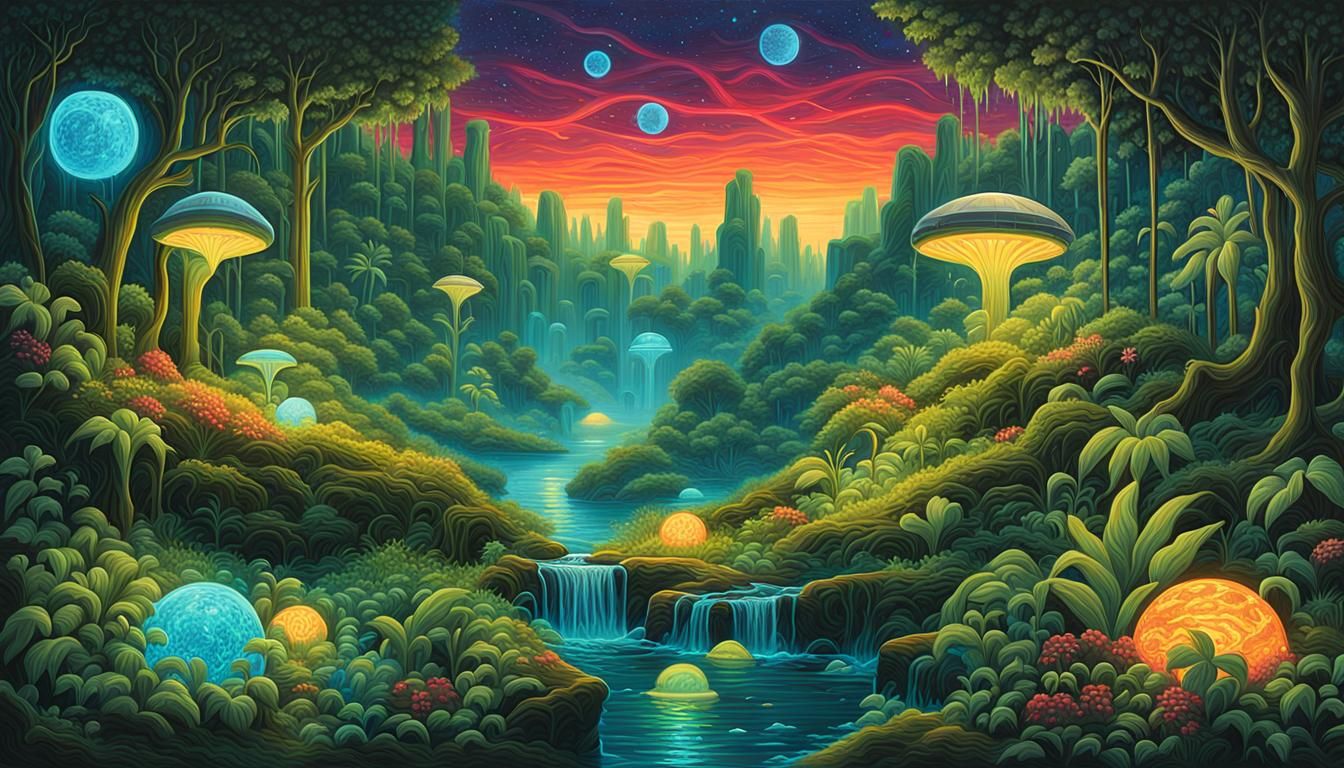 Solarpunk Bioluminescent Treasure Hunt in Acrylic Painting