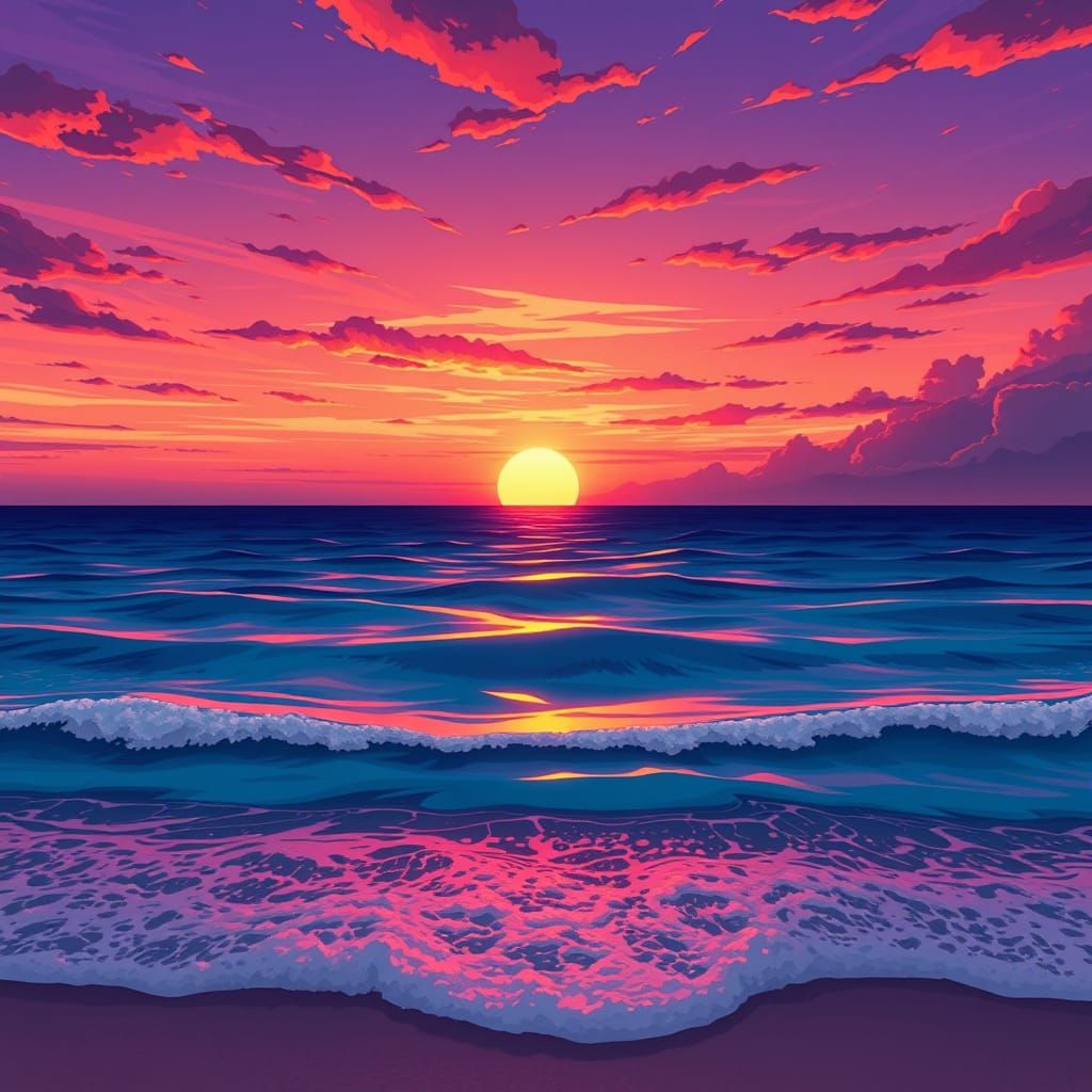 Surreal Sunset Scene in Anime Style