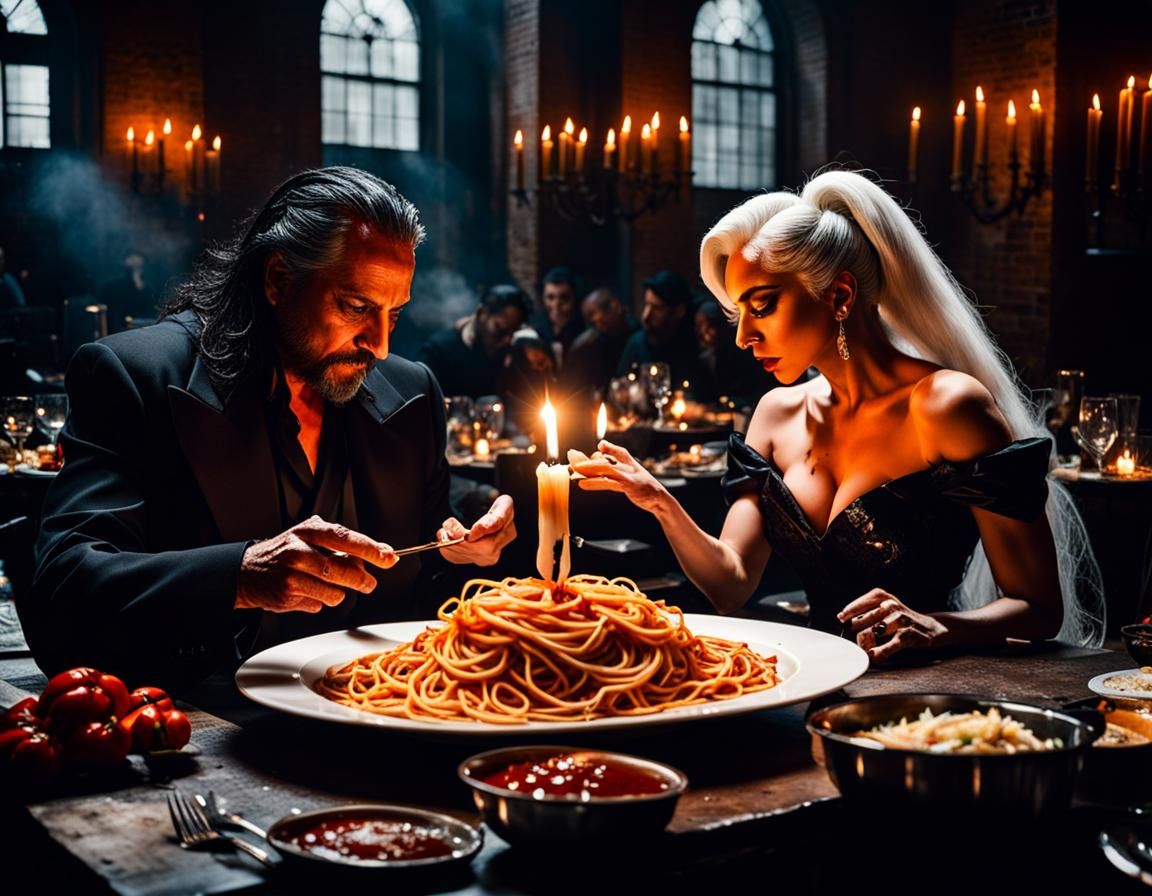 Mephistopheles and Lady Gaga Having a Nice Candle Lit Spaghetti  Dinner in New York City Warehouse District II