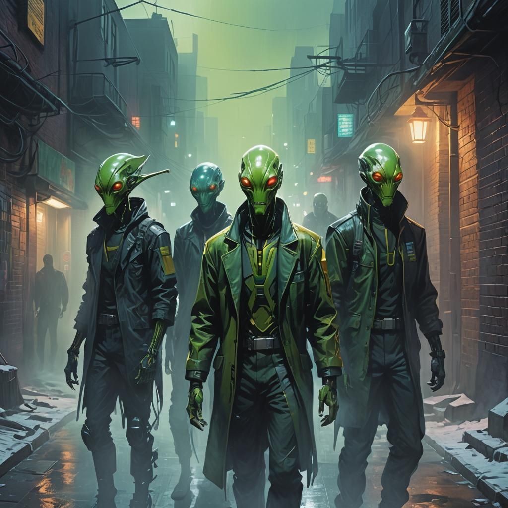 Cyberpunk Alien Suspects in Foggy Alley