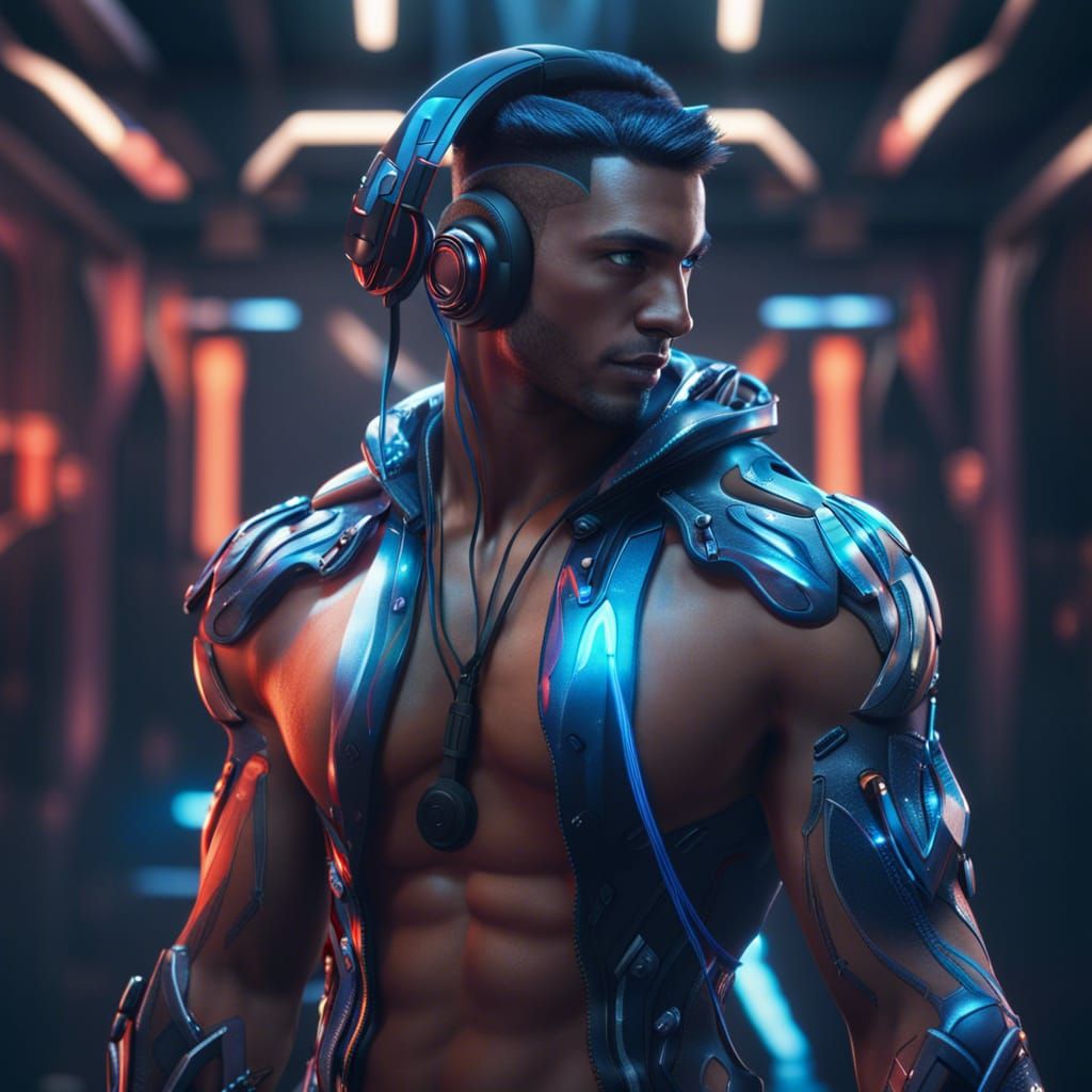 Muscular Anime Man with Futuristic Tech, Detailed Matte Pain...