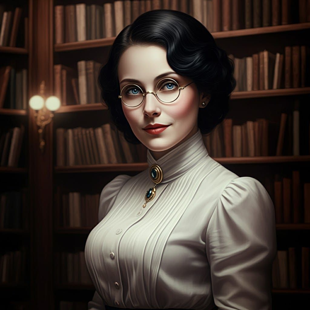 Beautiful Woman in Library: Realistic Oil Portrait