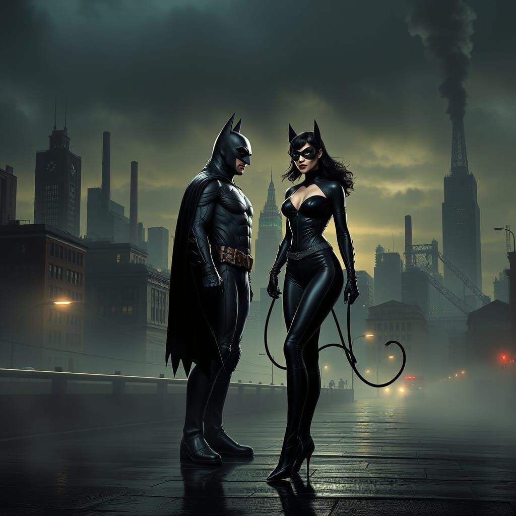 Batman Meets Catwoman in Gotham City's Gritty Dusk Skyline