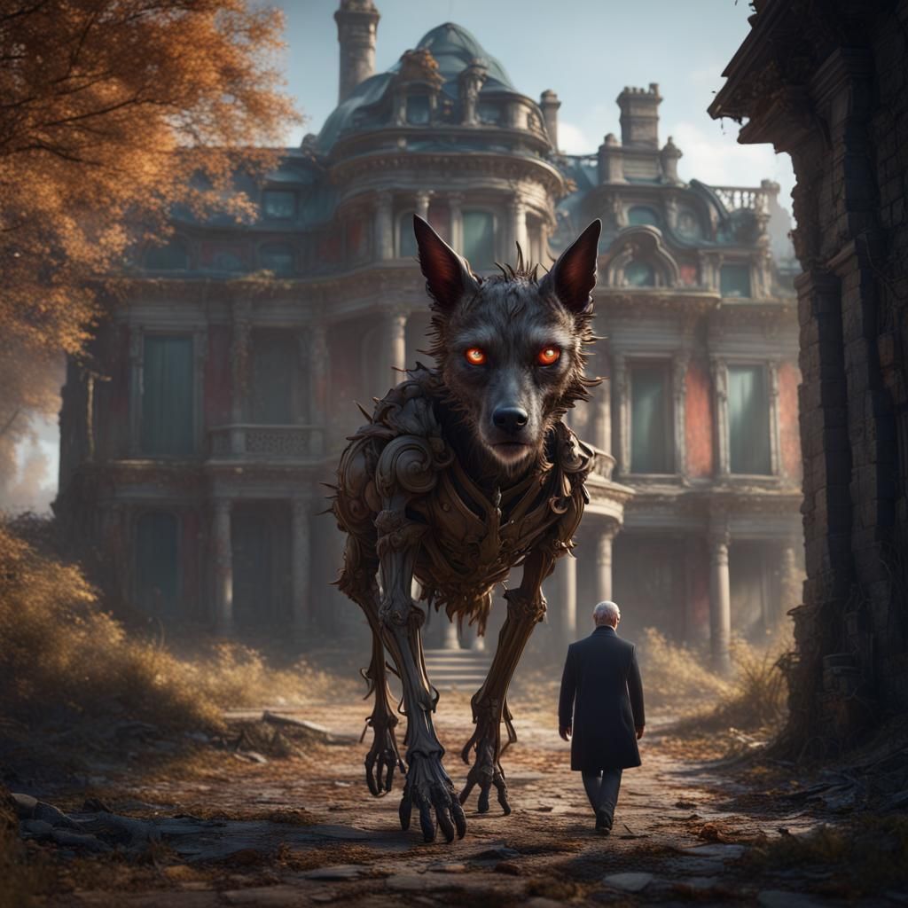 Fantastical Beast with Human Face in Abandoned Mansion