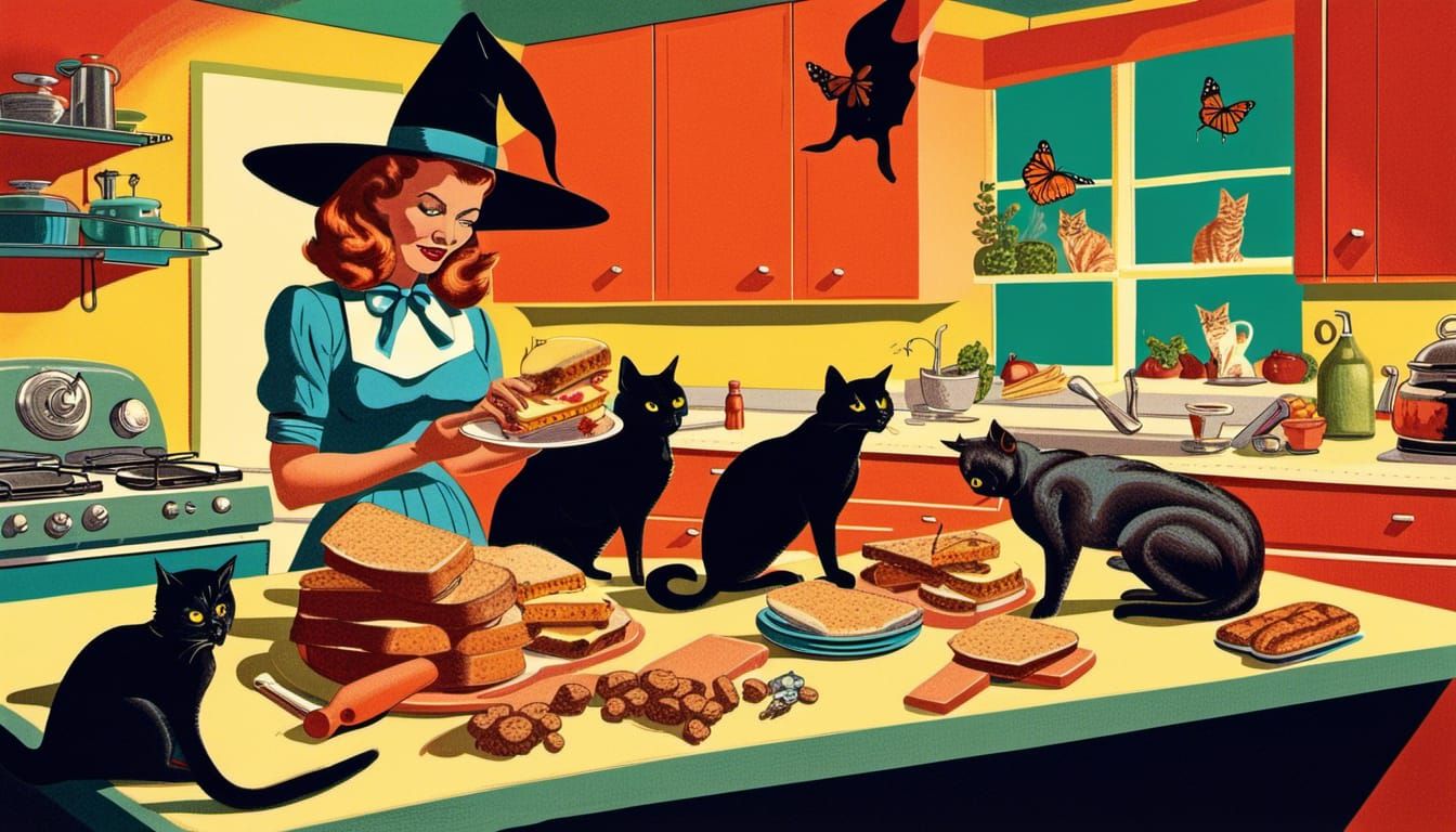 Sand Witch Makes Sandwich in Retro Kitchen