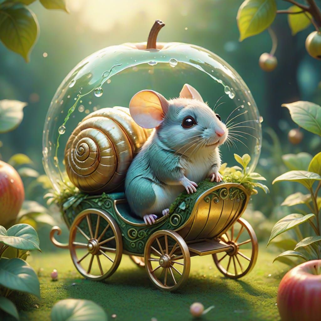 Whimsical Fantasy Scene with Tiny Mouse and Shimmering Apple...