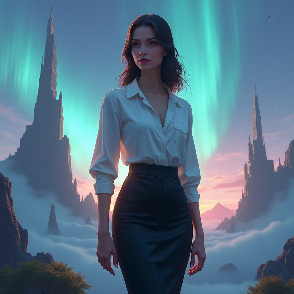 Businesswoman in Dreamlike Futuristic Landscape