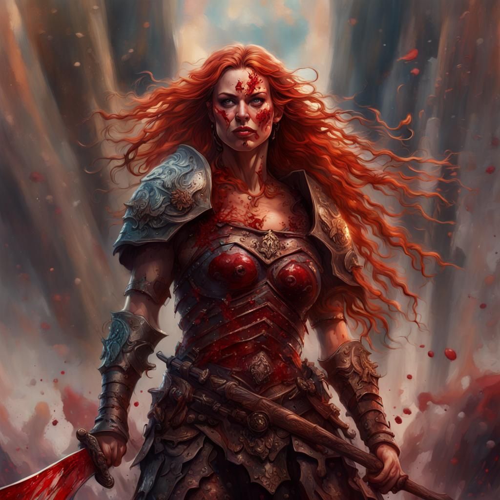 Blood soaked, red haired warrior queen, long wavy hair, bloo...