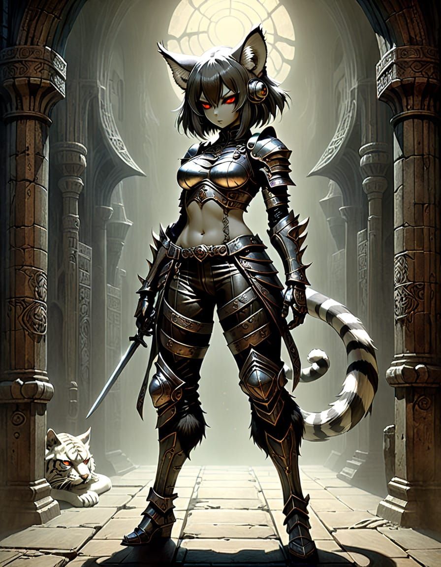 Mystical Nekomimi Warrior in Dark Fantasy Armor