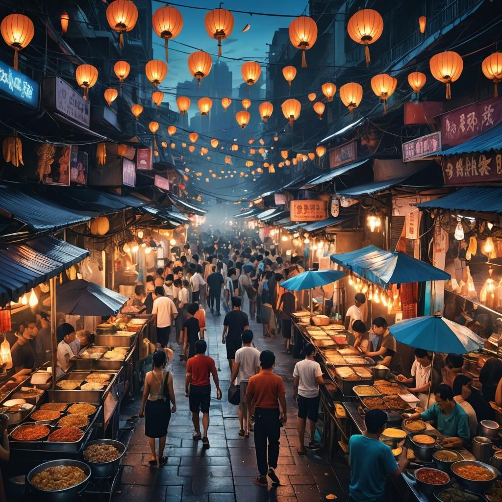 Neon-lit Thai Street Food Market at Night