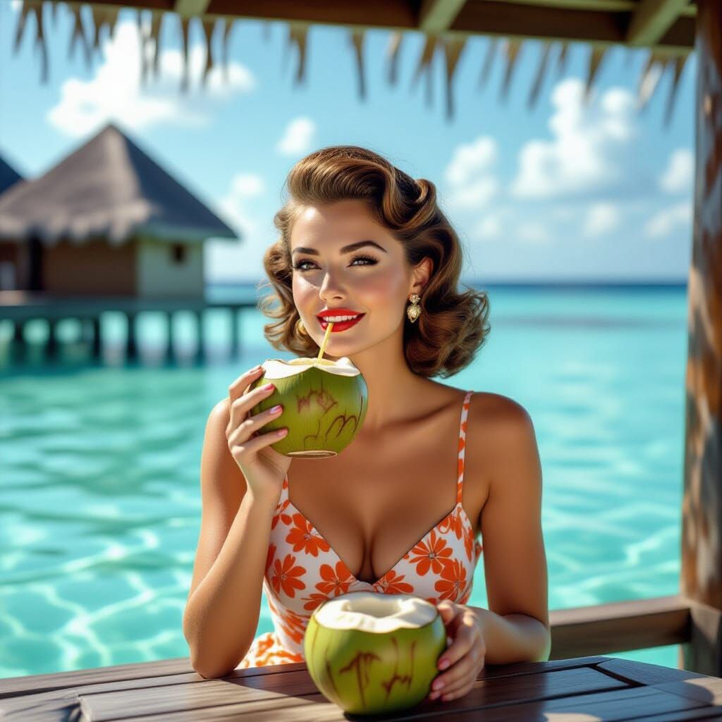 1950s Woman Enjoys Maldives Paradise in Vintage Film Style