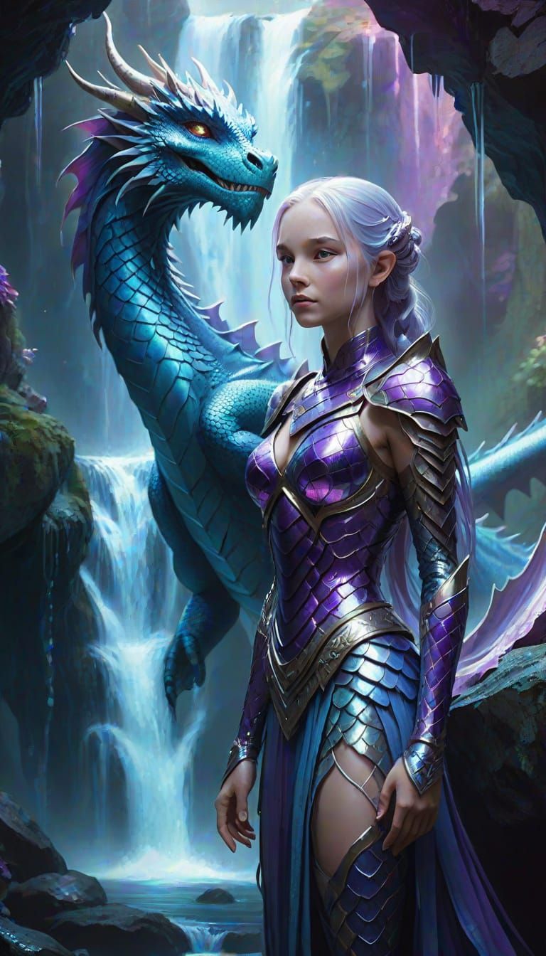 Bioluminescent Dragon-Woman Hybrid in Fantasy Grotto