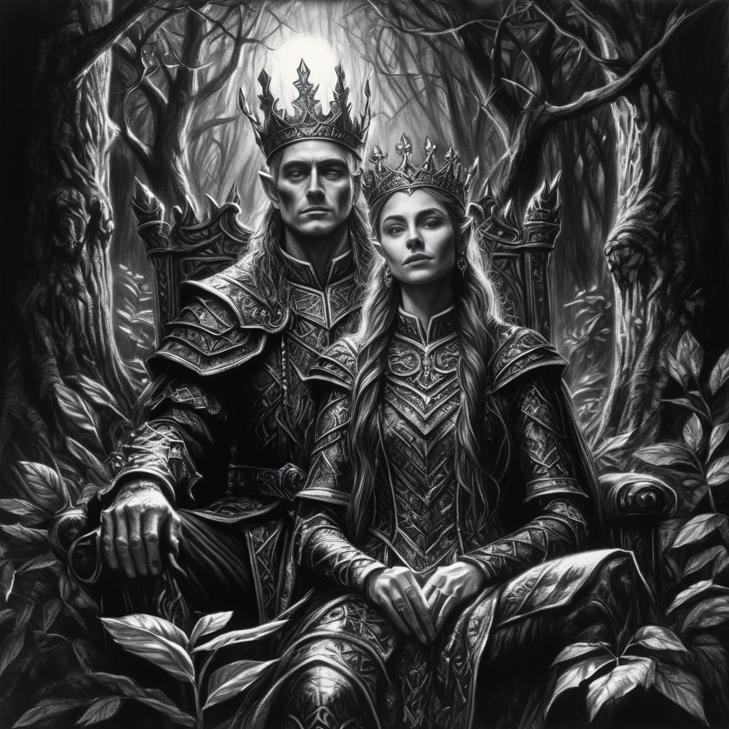 Elf King and Queen Portrait in Charcoal