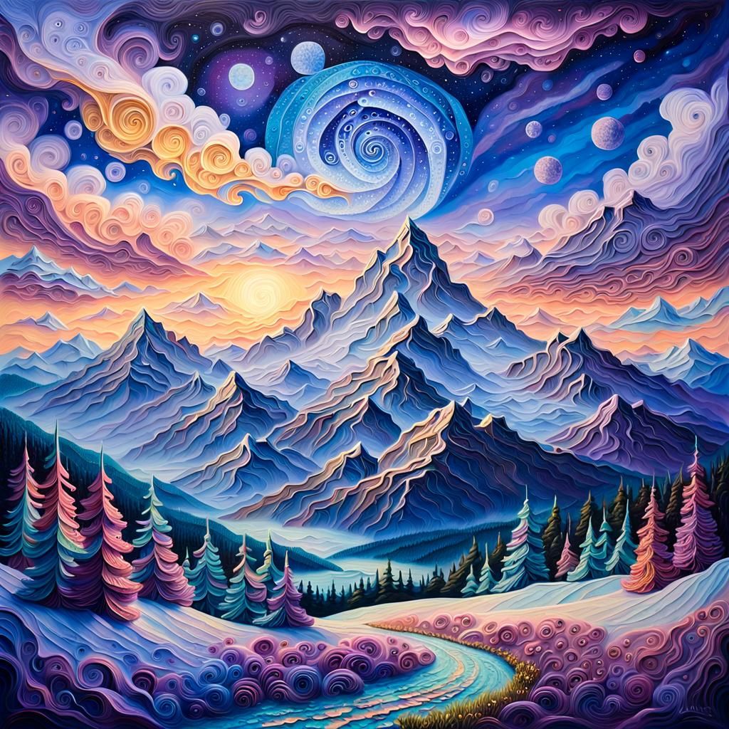 Ethereal Mountainscape in Dreamy Oil Painting Style