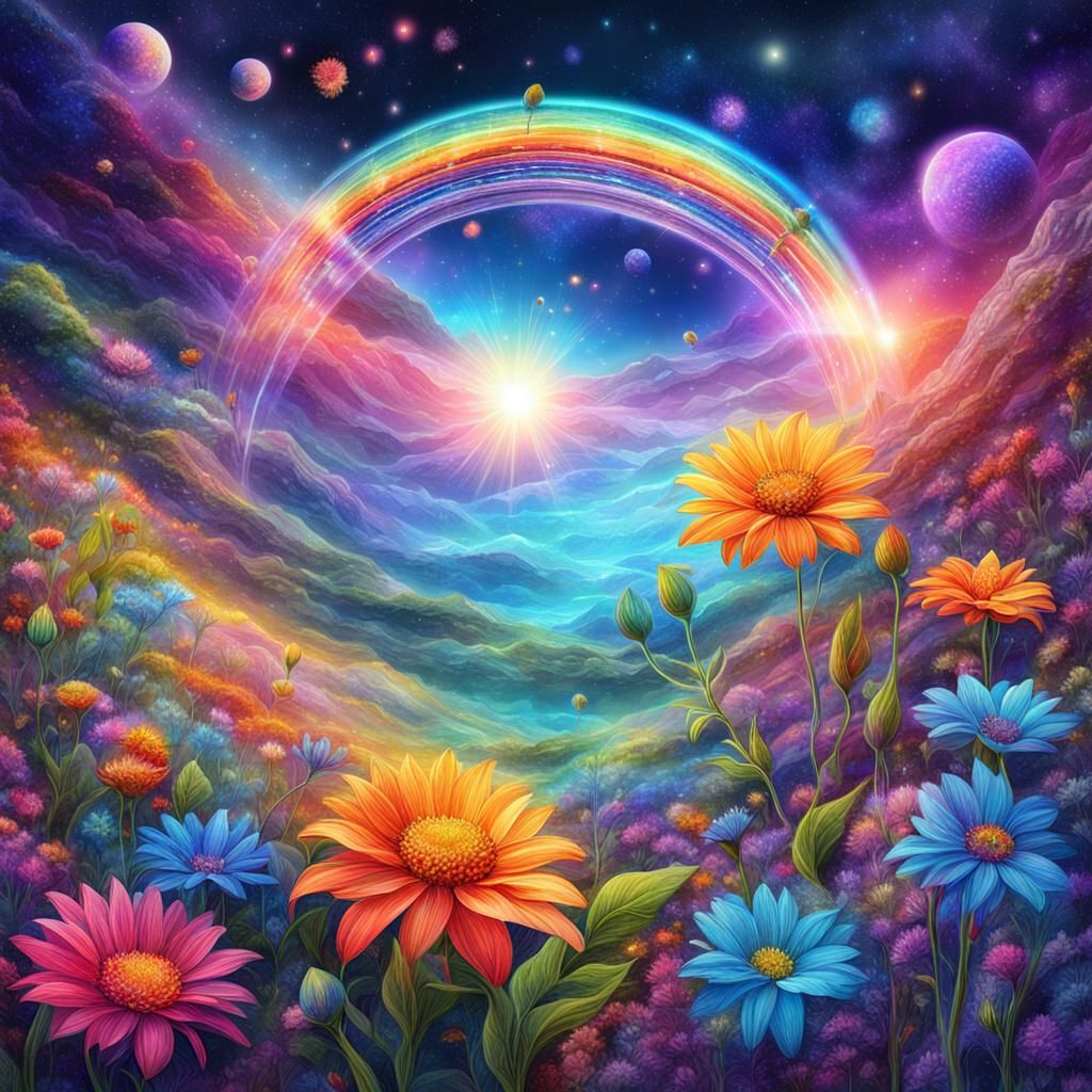 Rainbow Flowers on Cosmic Planet: Holographic Illustration