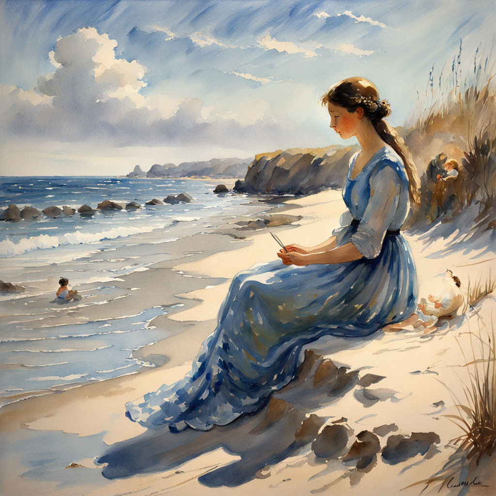 Gentle Spring Morning with Woman and Child at the Seashore