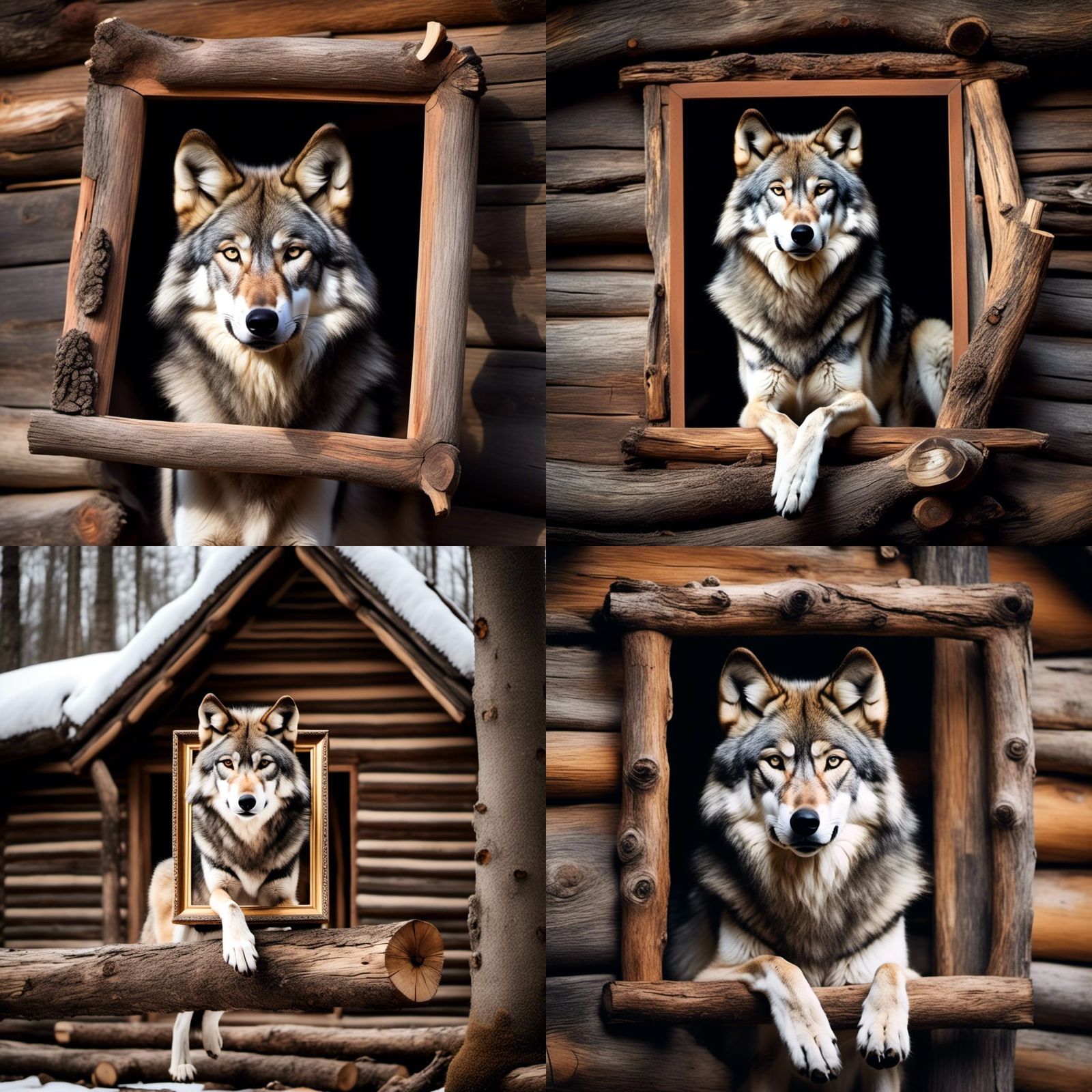 Grey Wolf Posing with Picture Frame in Cabin