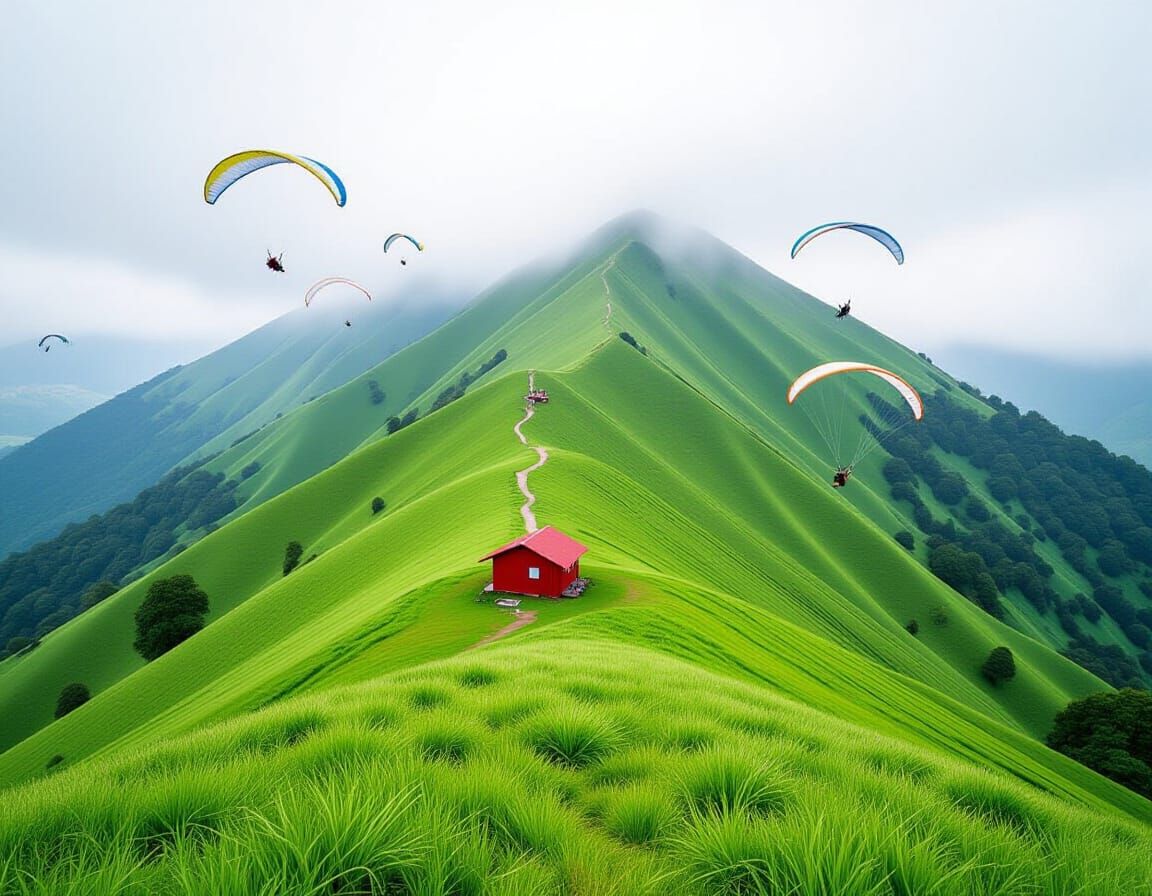 Green Hillside with Hang Gliders in Film Aesthetic