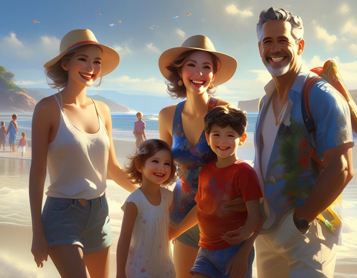 Happy Family on Beach in Photorealistic Style