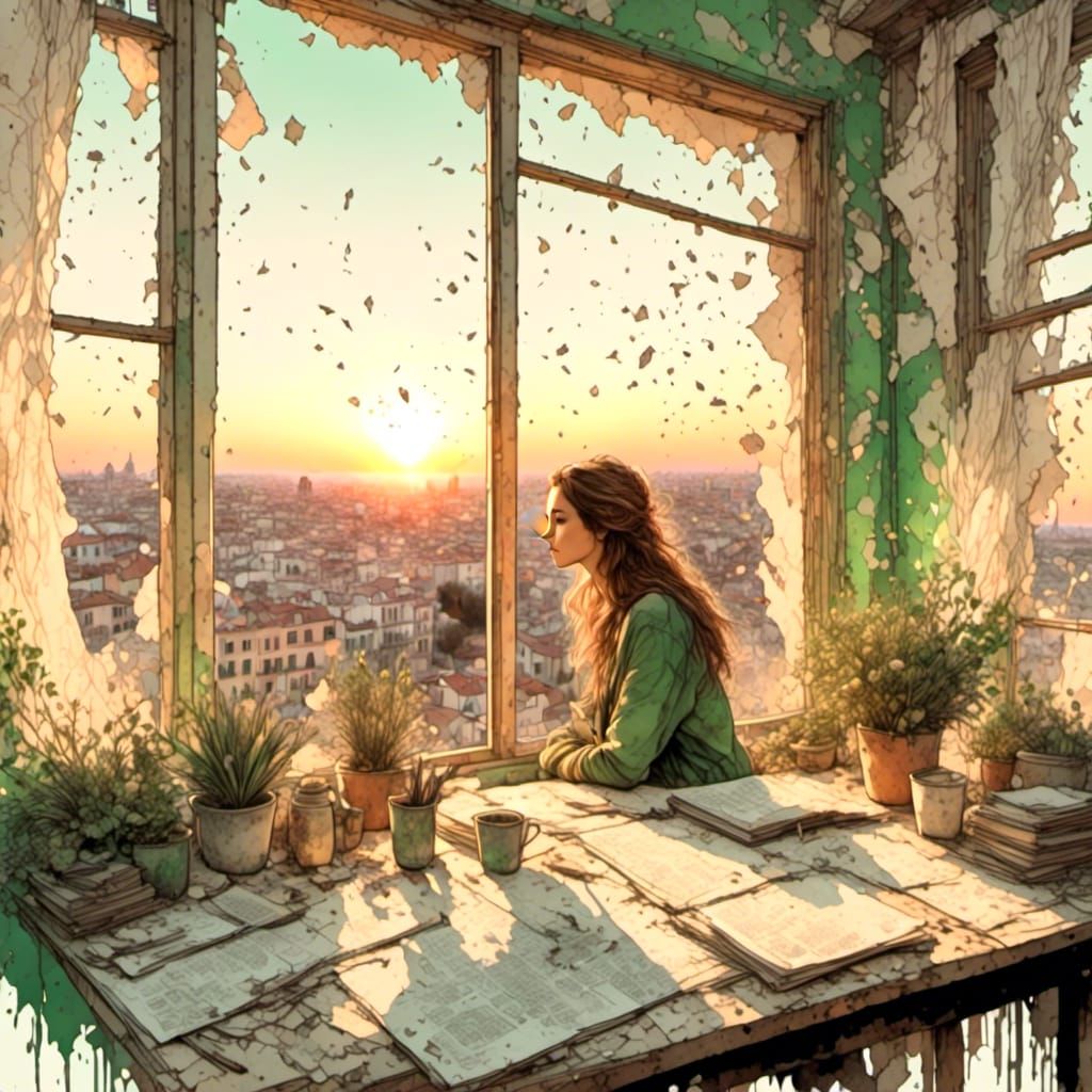 Sketch of a woman inside a room, with focus on a wooden desk facing a lar...