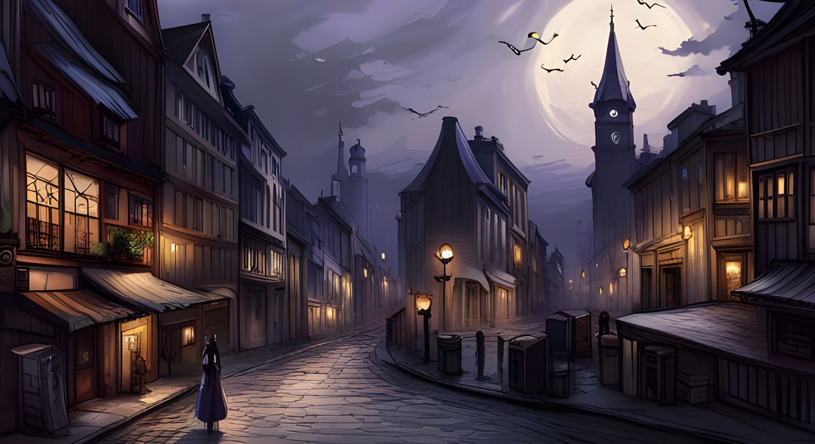 Epic Gothic Town Scenery in Anime Manga Style