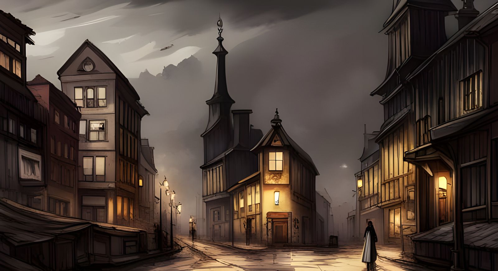 Epic Gothic Town Scenery in Anime Key Visual Style