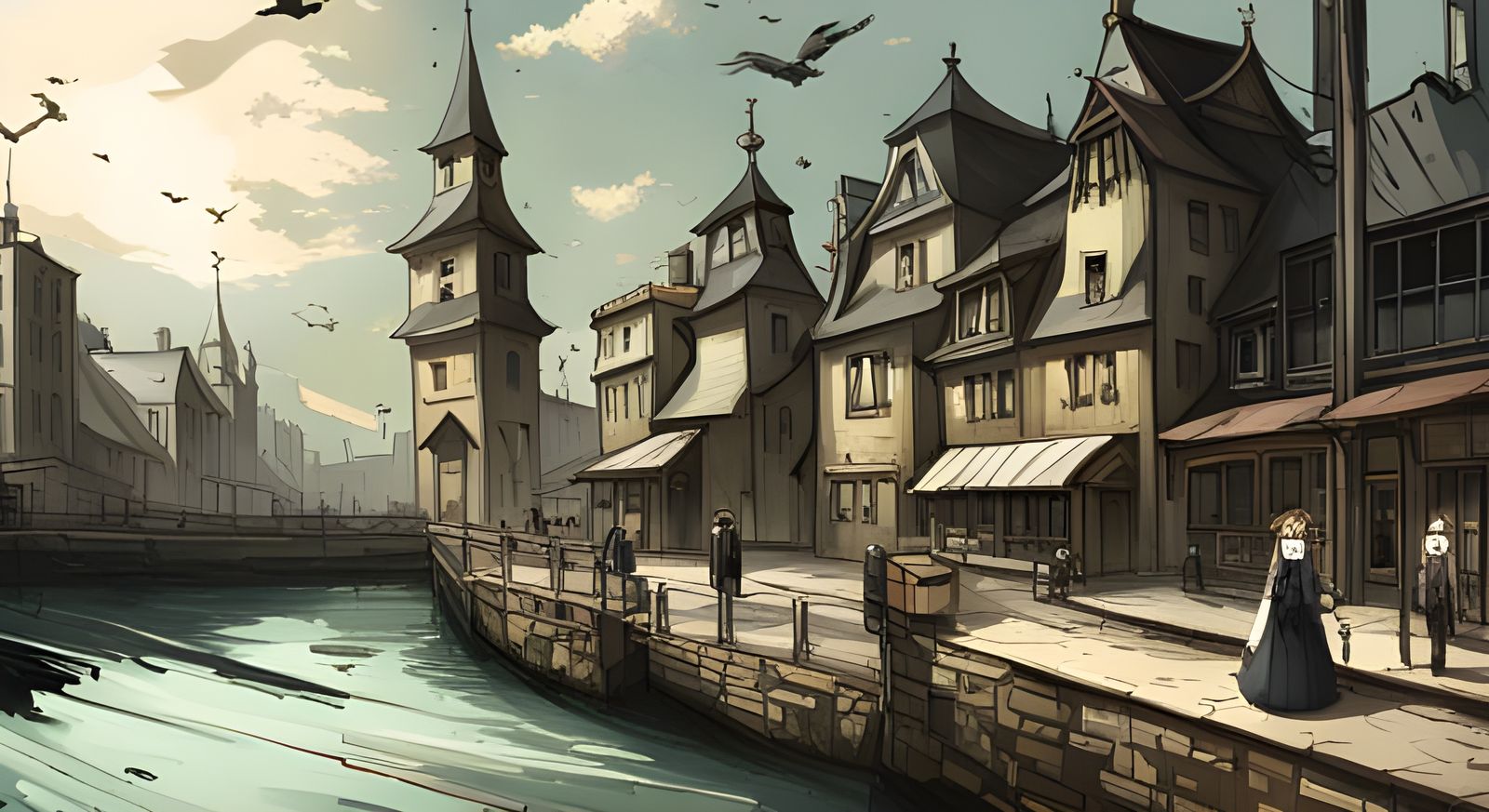 Epic Gothic Town in Anime Art Style