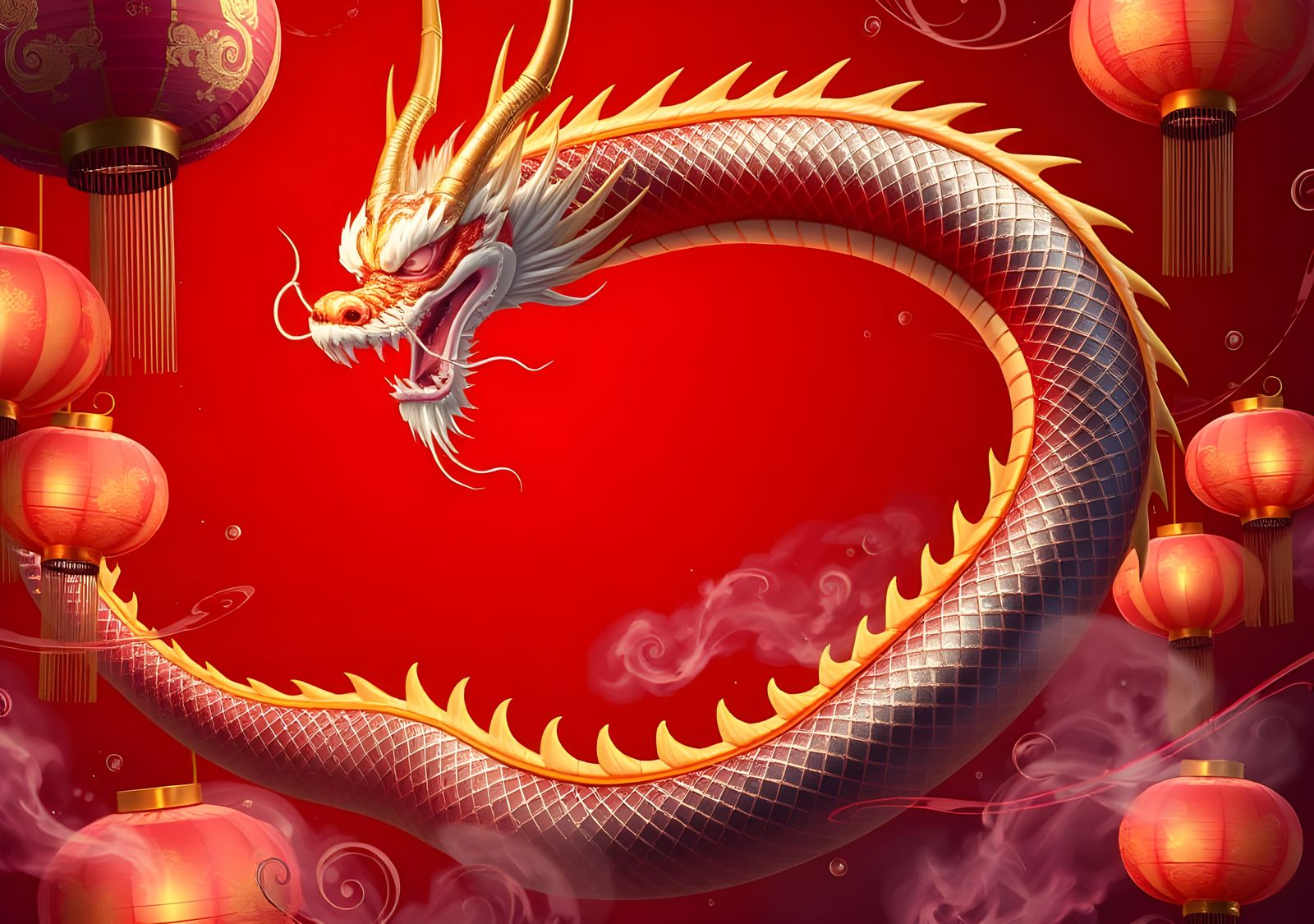 Chinese Dragon on Red Background: Fantasy Art