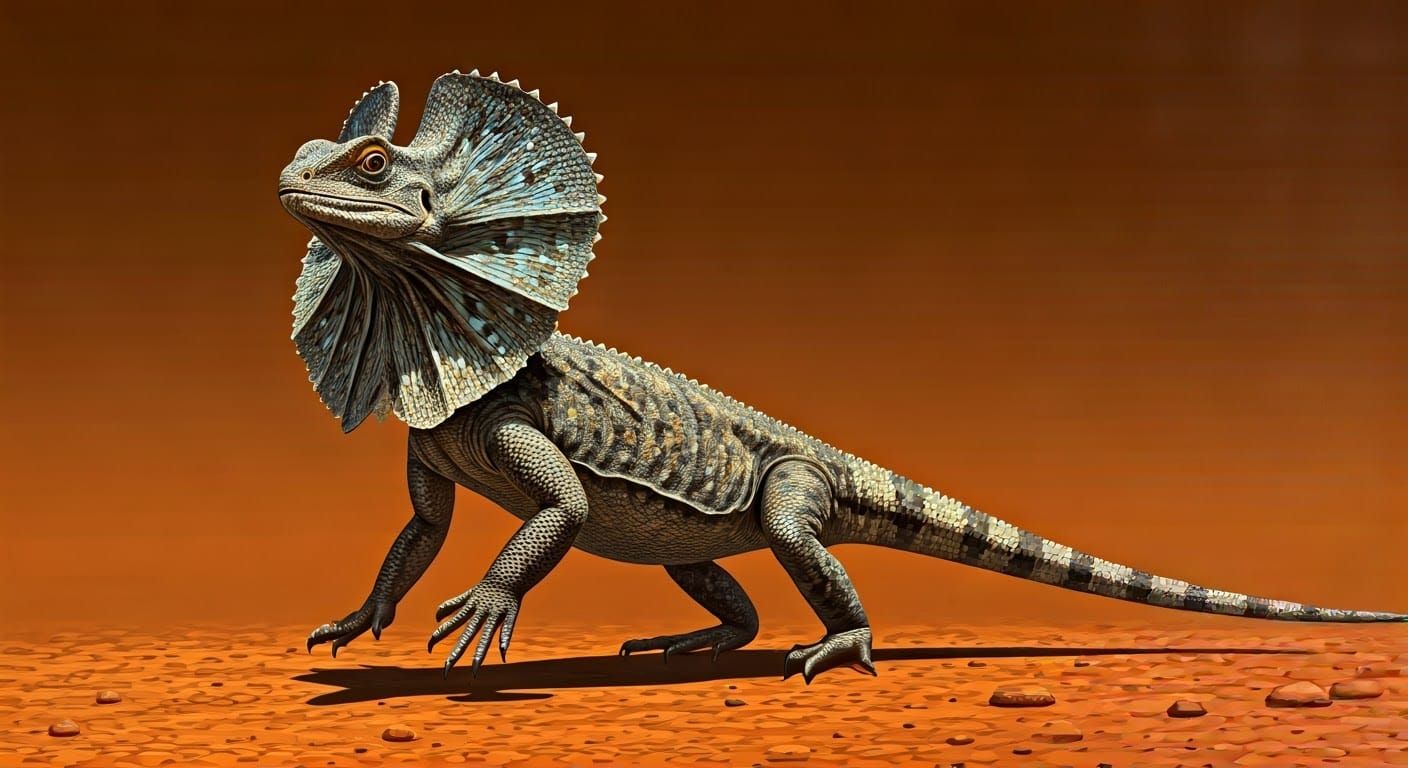 Frilled Lizard Running in Aboriginal Dot Painting Style