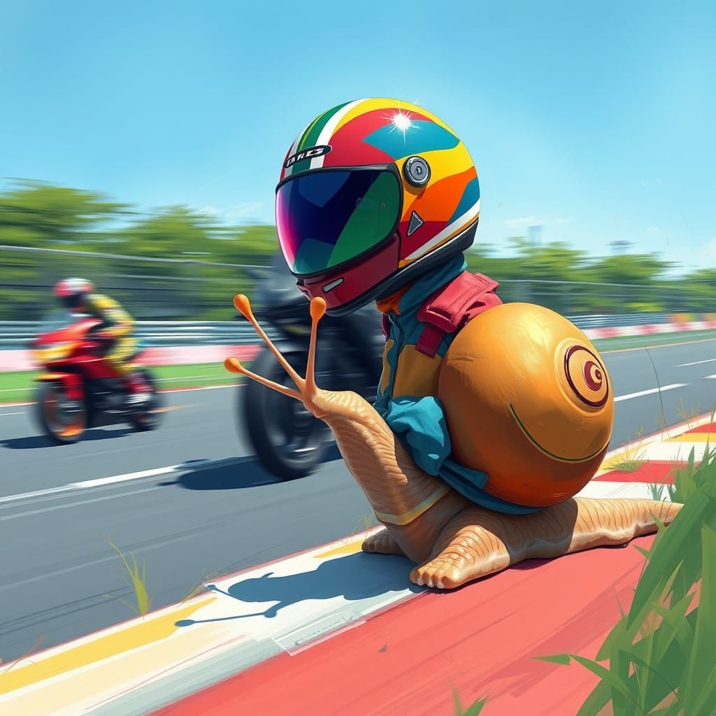Racing Snail Watches Motorcycle Race: Sci-Fi Fantasy Art