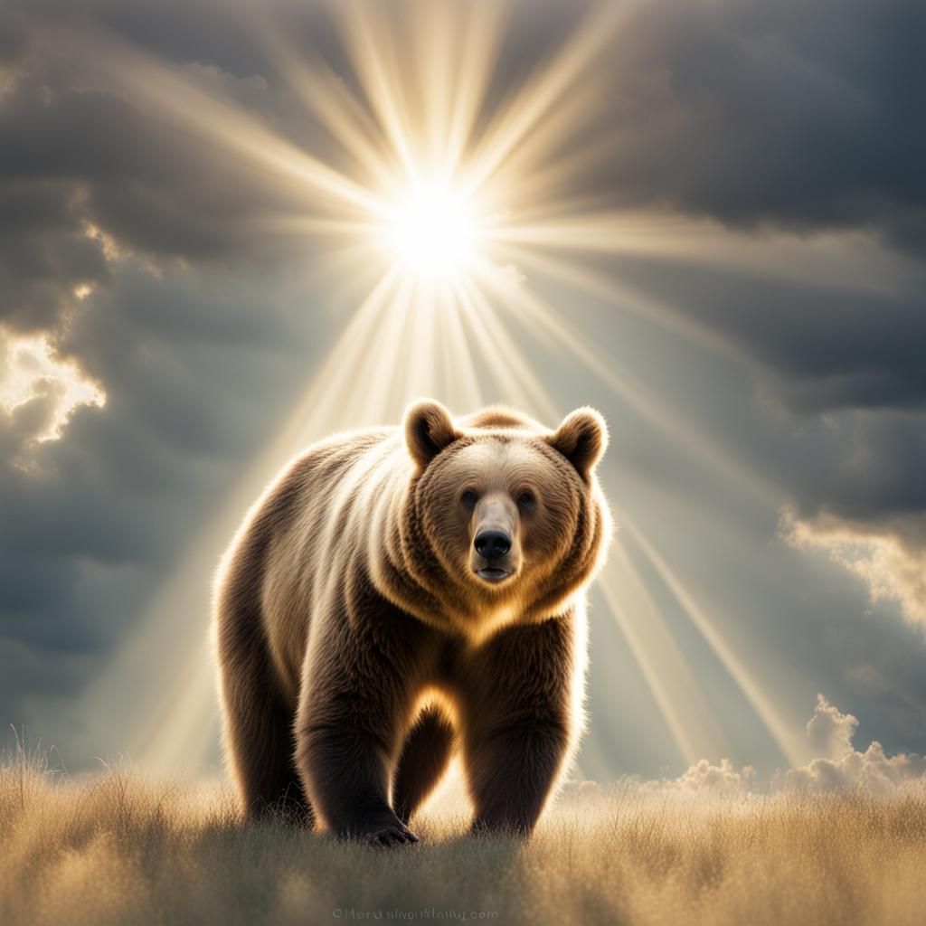 Bear in Divine Sunshine Through Clouds