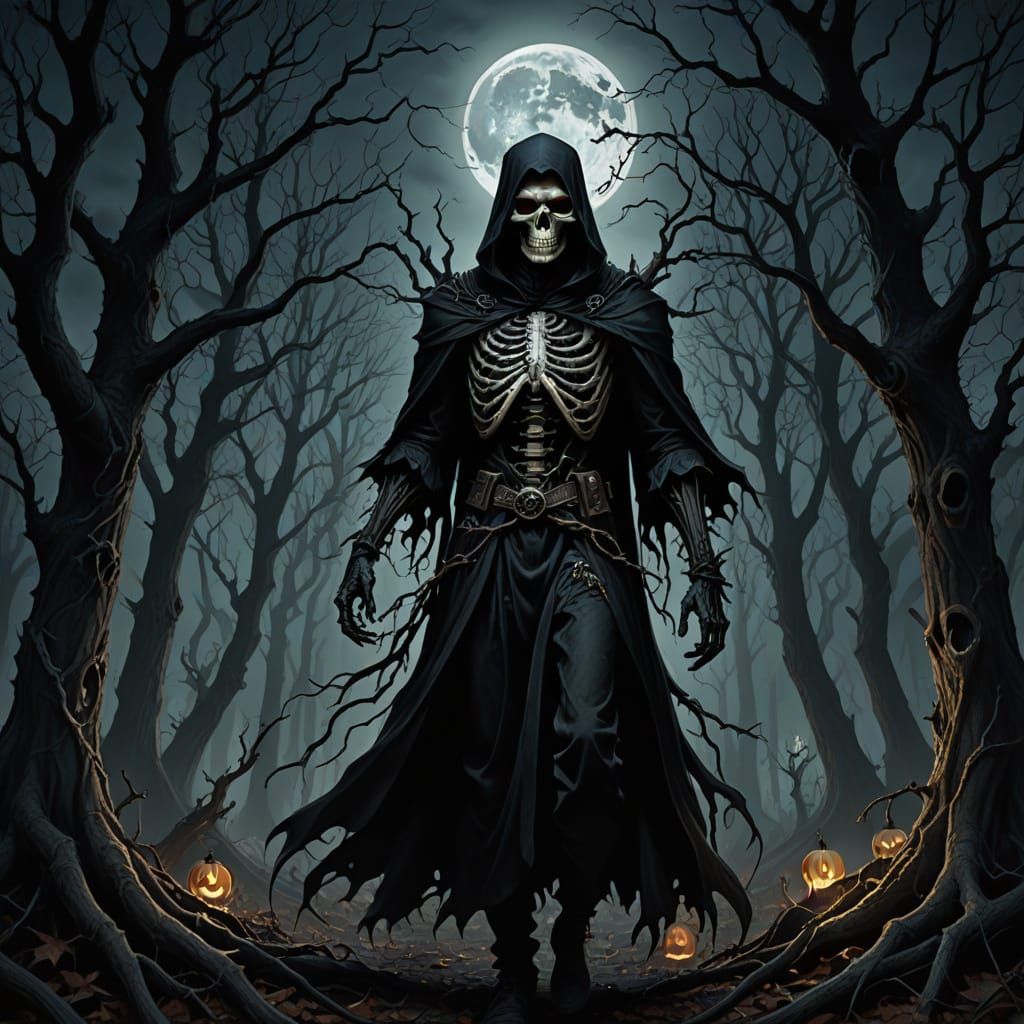 Ominous Halloween Forest Scene: Dark Fantasy Oil Painting