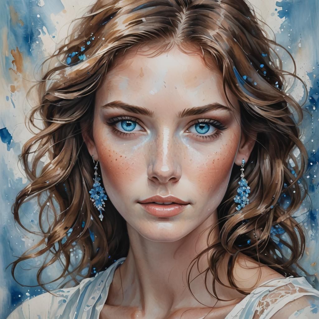 A stunning, vibrant  painting of a young woman with cascading wavy brown hair, framing her captivating blue eyes and spr...