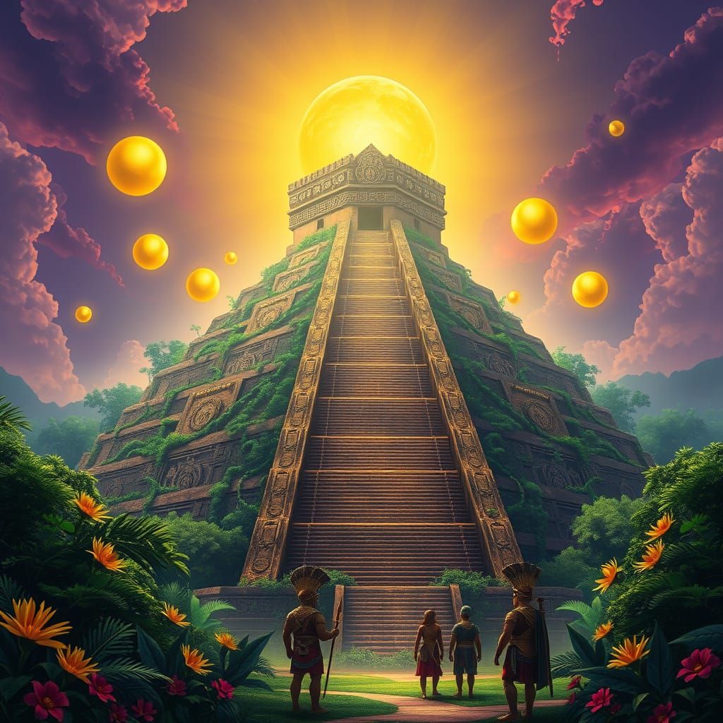 Ancient Aztec Pyramid Shines in Vibrant Jungle with Mystical...