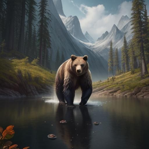 Grizzly Bear Fishing: Detailed Matte Painting